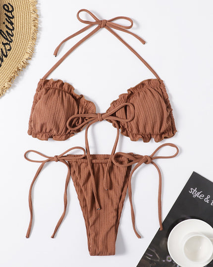 Damski dwuczęściowy strój kąpielowy bikini prążkowany z wiązaniami