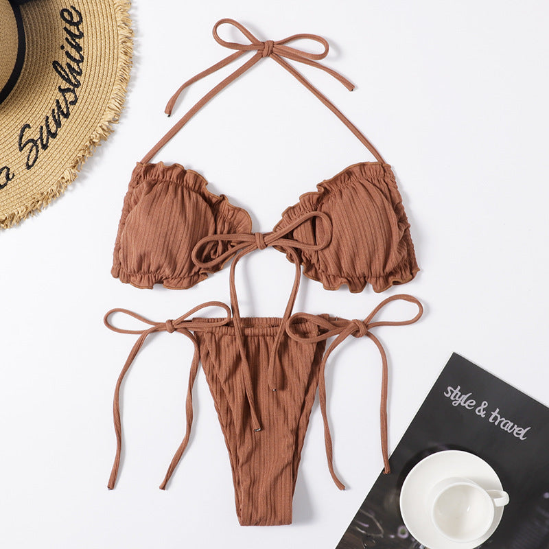 Damski dwuczęściowy strój kąpielowy bikini prążkowany z wiązaniami