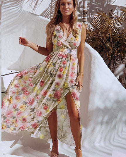 Sukienka maxi z przekładanym dekoltem w kwiaty