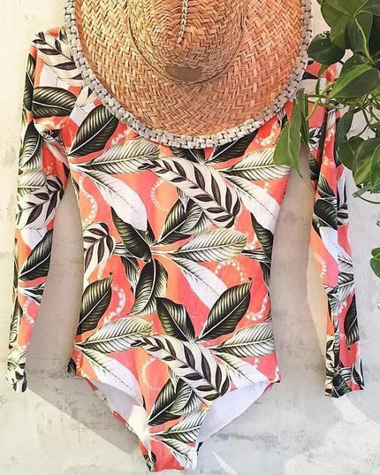 Damski jednoczęściowy strój kąpielowy sportowy z motywem liści